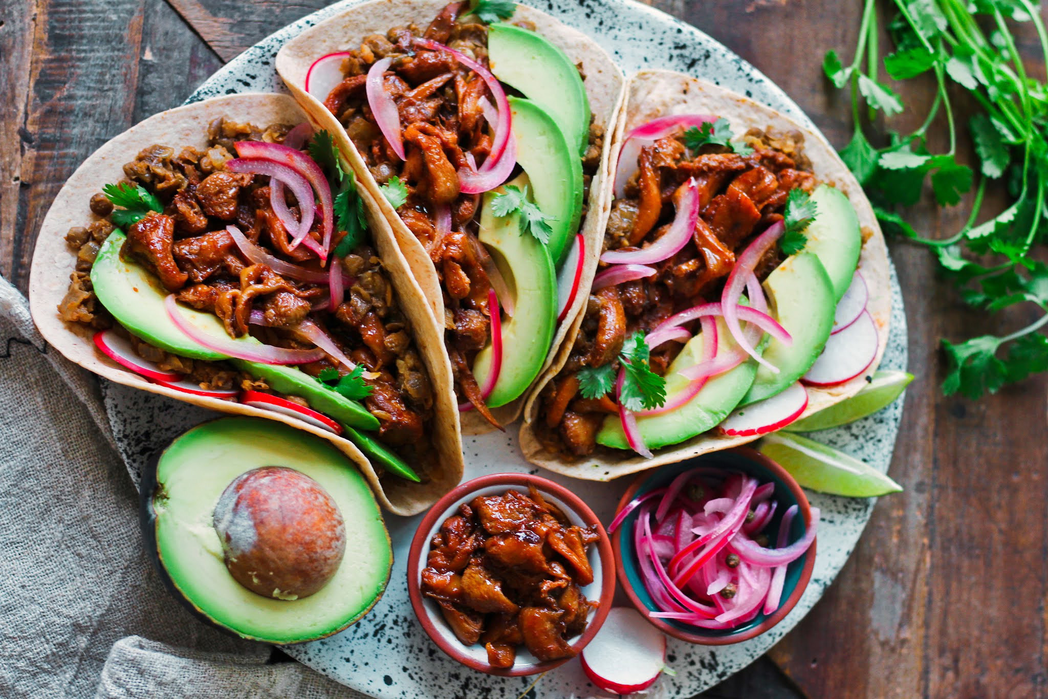Vegan BBQ Pulled Lion’s Mane Mushroom Tacos