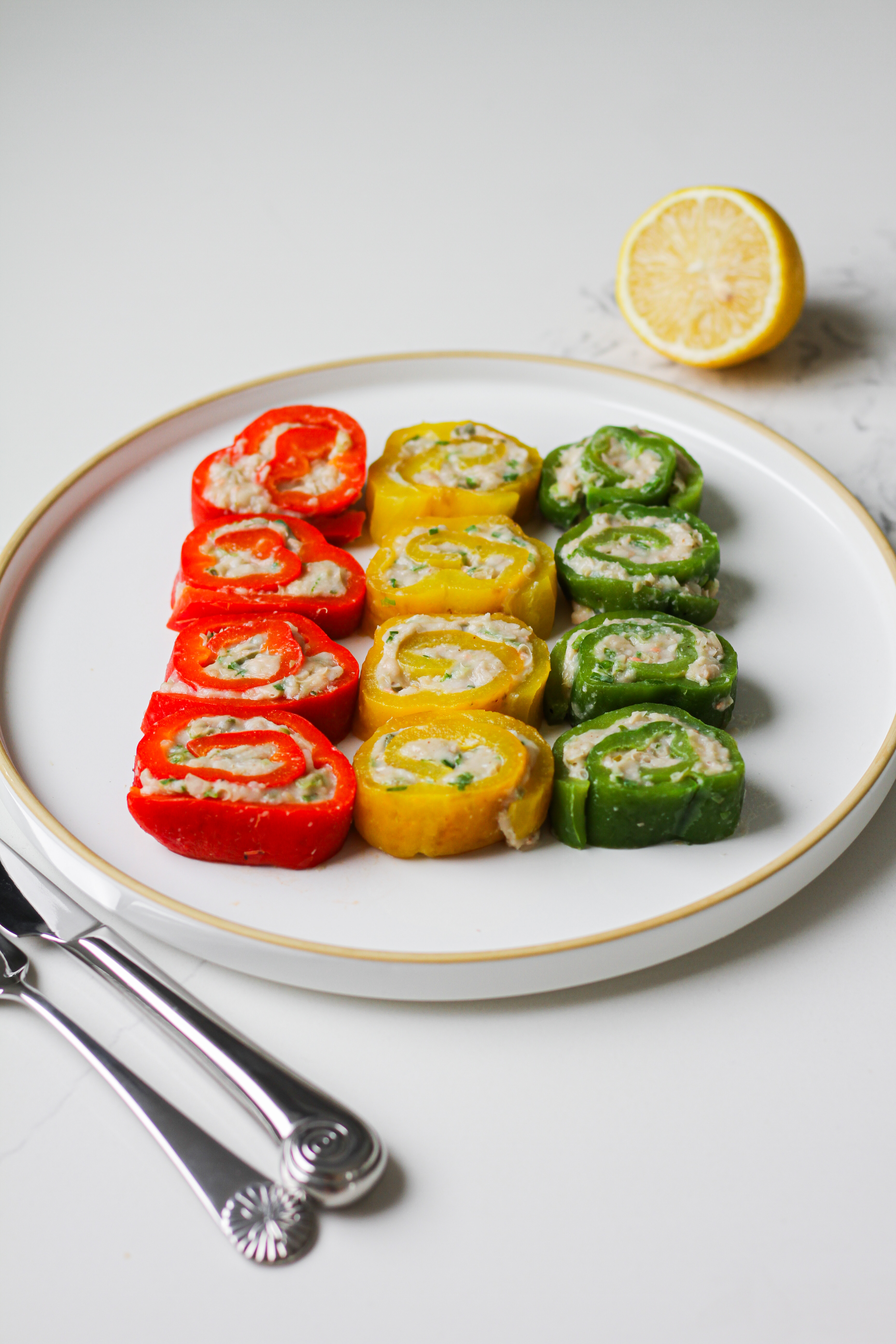 Roasted Pepper Roll Ups filled with White Bean “Tuna” Salad