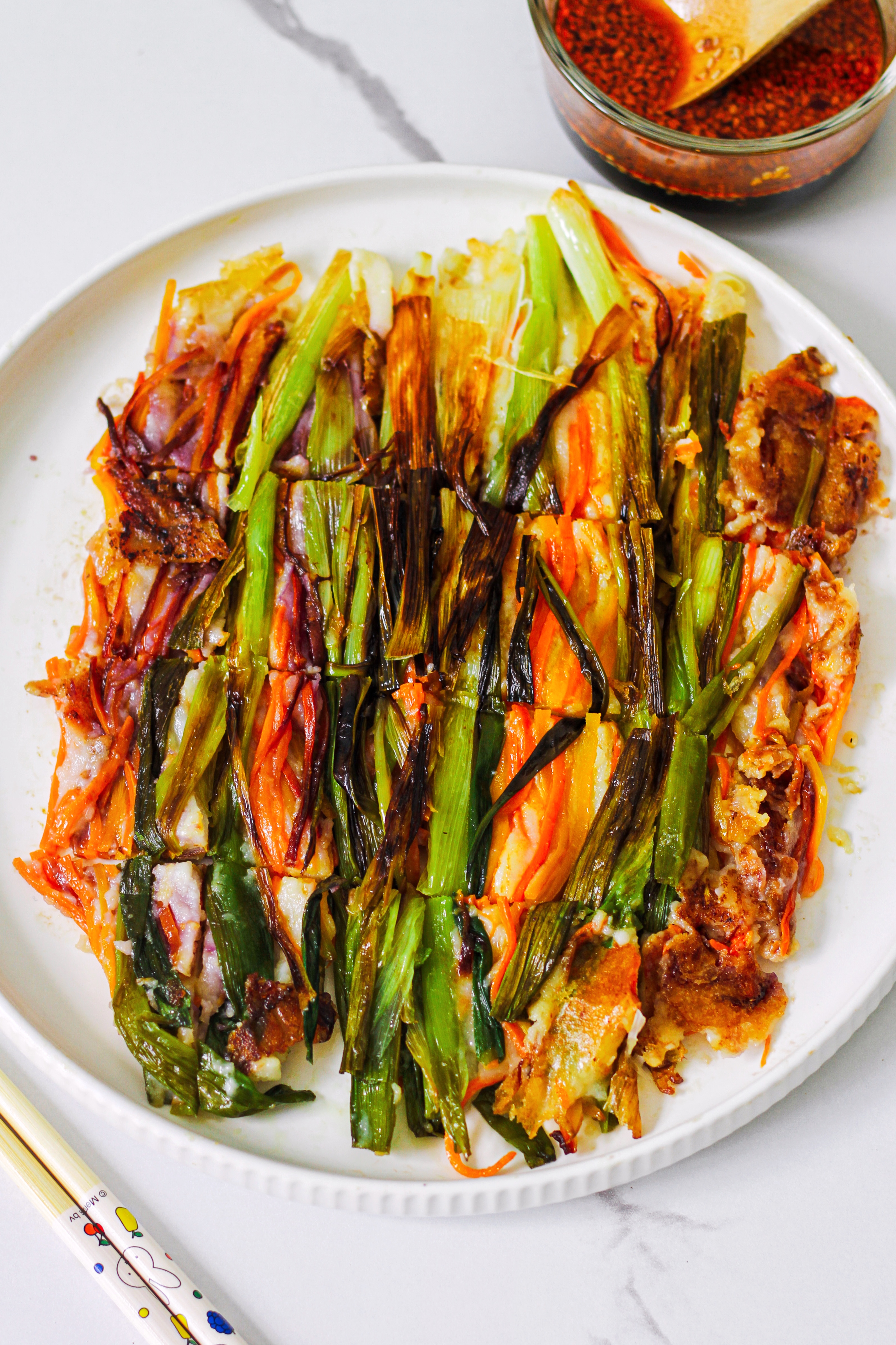 Pajeon Korean Vegetable Pancake with Chili Oil Dipping Sauce