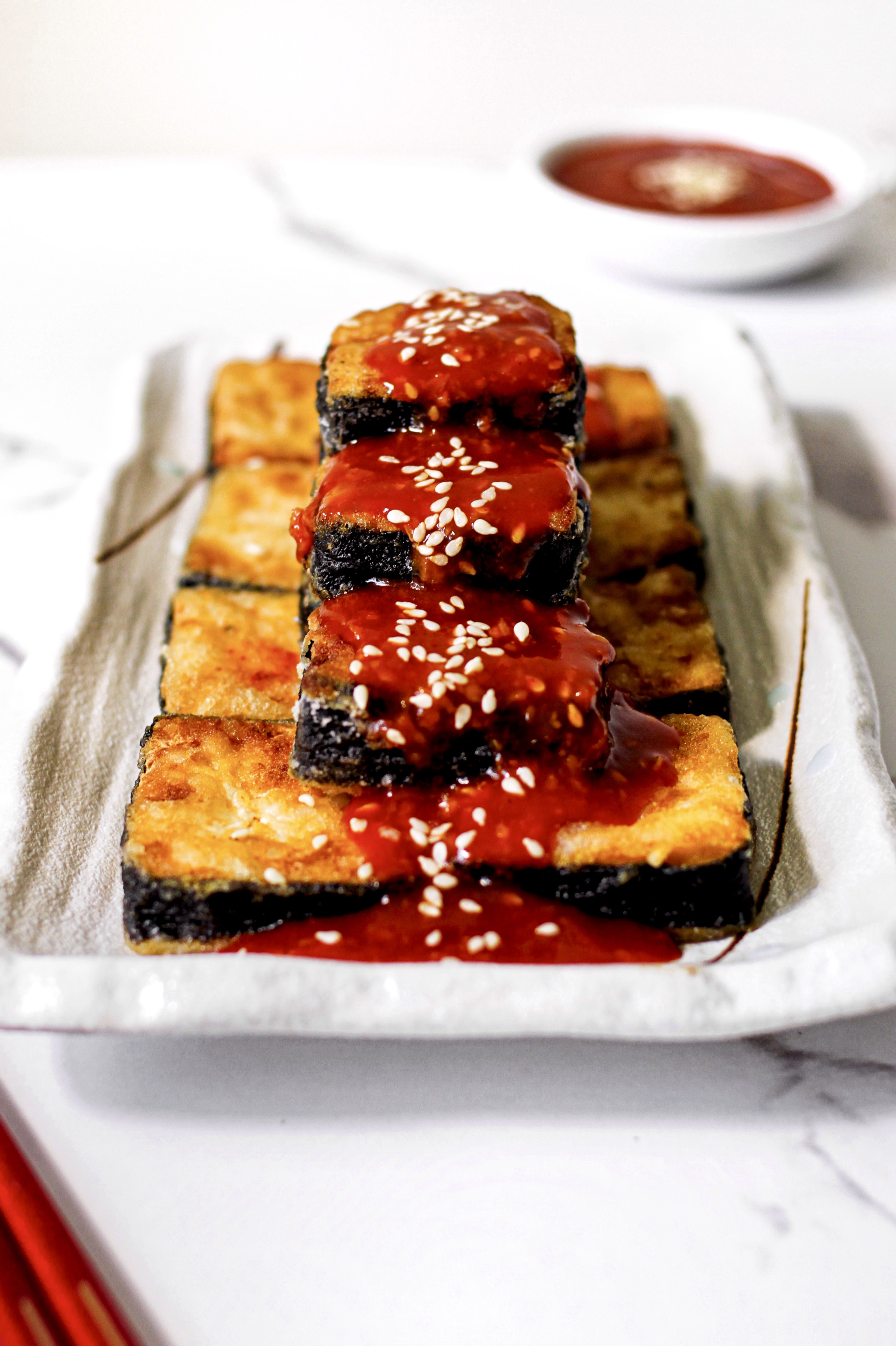 Crispy Seaweed Wrapped Tofu with Sweet n’ Spicy Gochujang Glaze